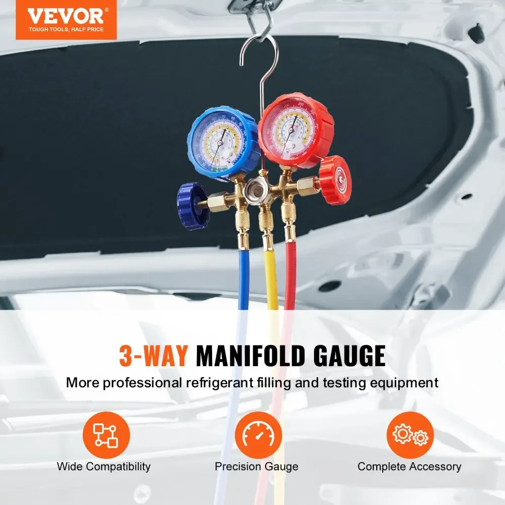 VEVOR 3 Way & 4 Way AC Gauge AC Manifold Gauge Set for R134A R22 R12 R502 with 5ft Hose Work on Car Freon Charging&Evacuation