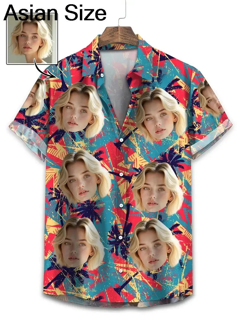 

2025 Hawaiian Shirts Custom Unisex 3D Printed Funny Face Personalized Men's Beach Shirts Lapel Short Sleeves Female Shirt Tops