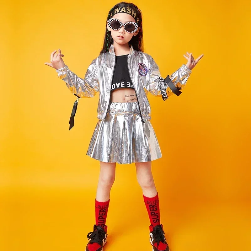 Hip Hop Boys Silver Jacket Girls Jazz Jogger Pants Street Dance Mini Skirt Clothes Sets Kids Sequin Costumes Child Streetwear