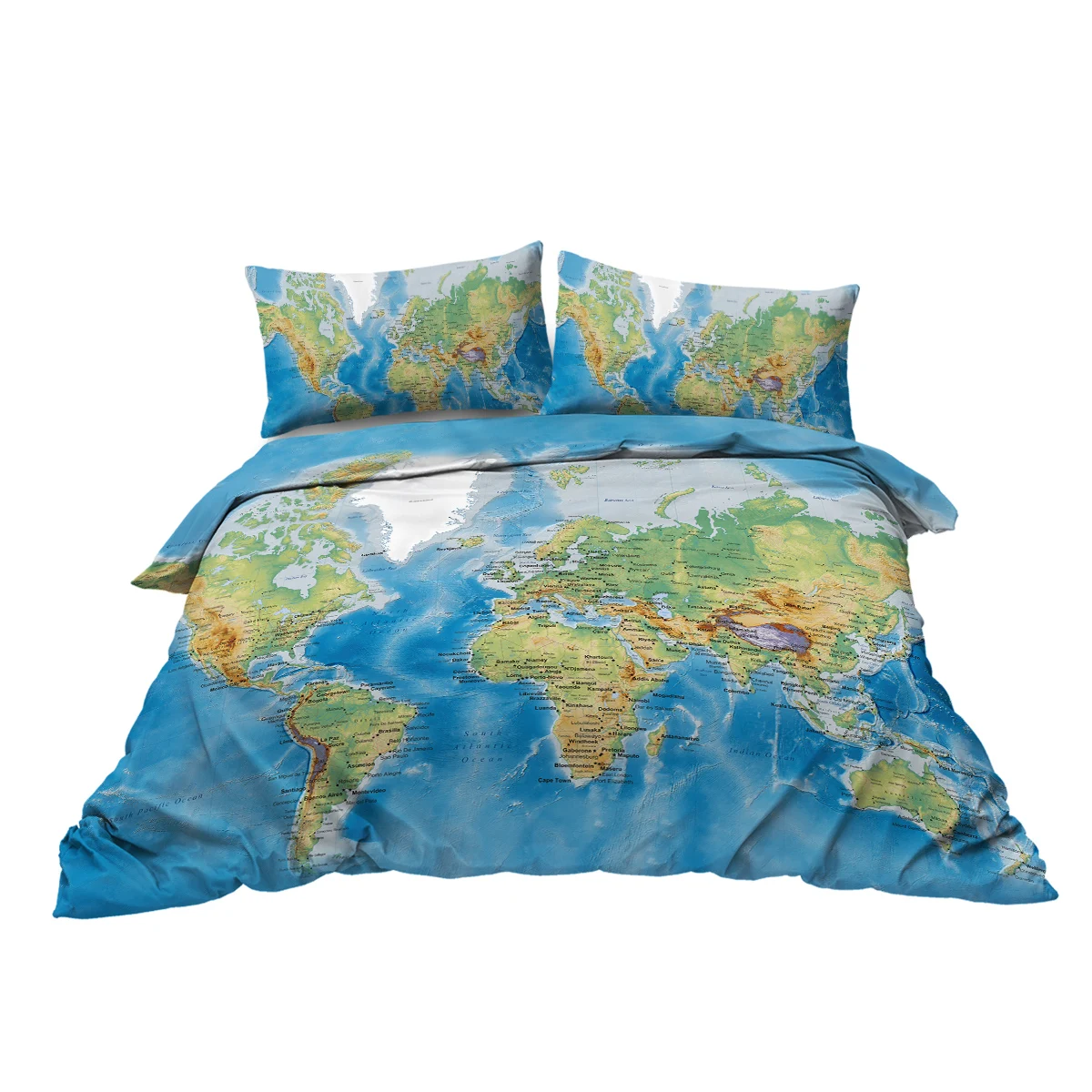 World Map Design Bedding Set Decorative 3 Piece Duvet Cover with 2 Pillow Shams