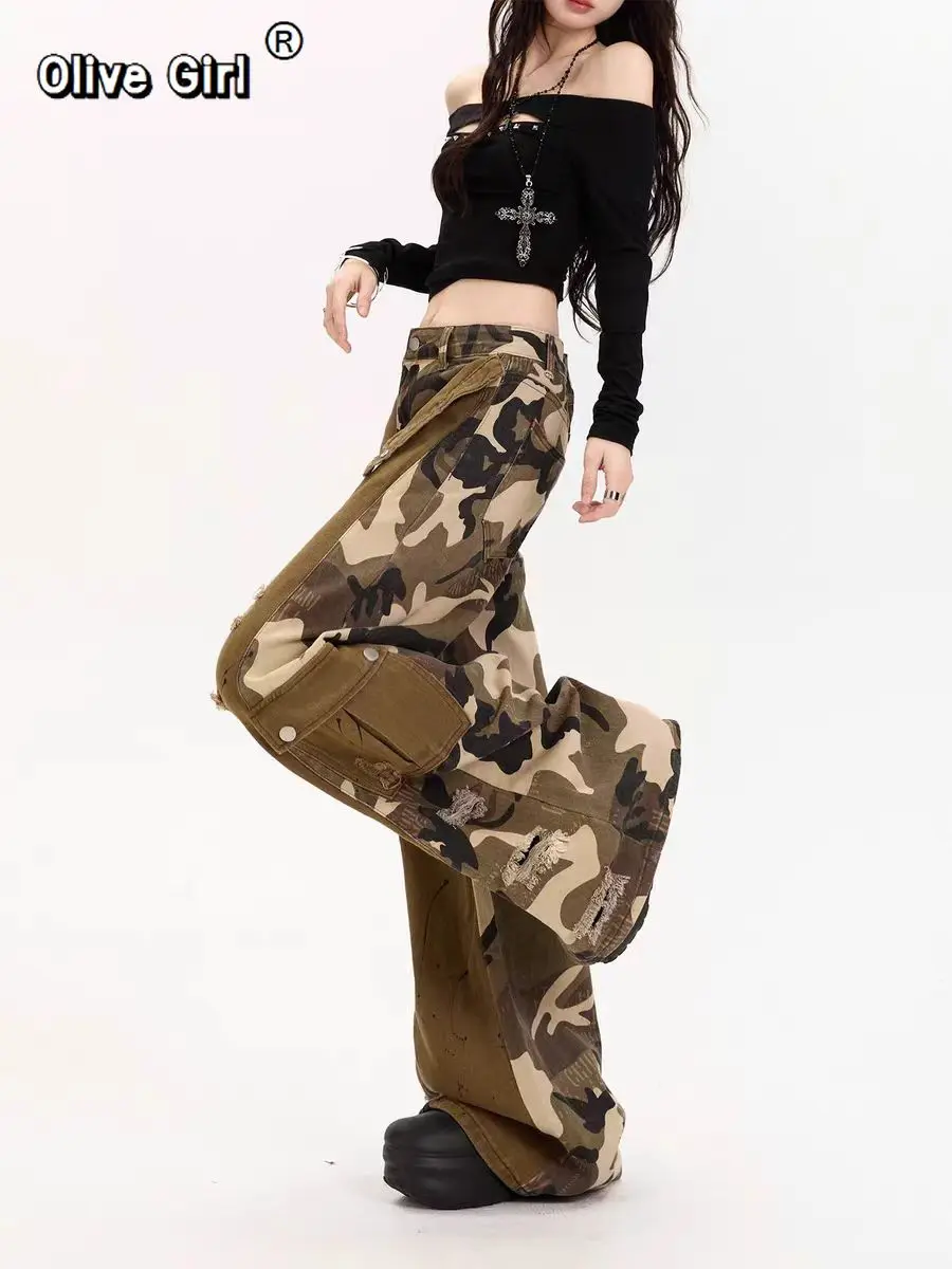 النساء الجينز Harajuku خمر فضفاض سراويل جينز براون التمويه المرقعة ممزق البضائع اليابانية 2000s Y2k ممزق الجينز السراويل #3