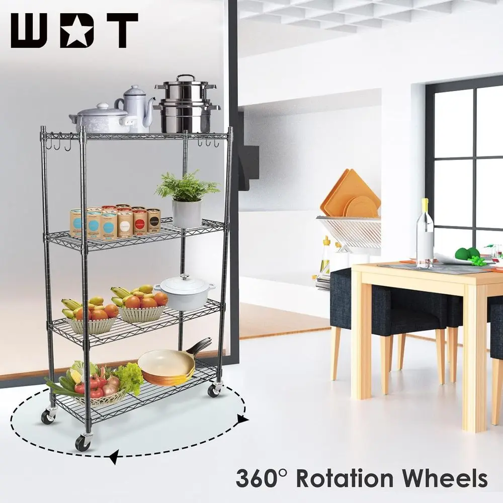 Verstelbare, robuuste metalen rek met wielen, 36W x 14D x 57H voor thuis-, kantoor-, garage- en keukenorganisatie