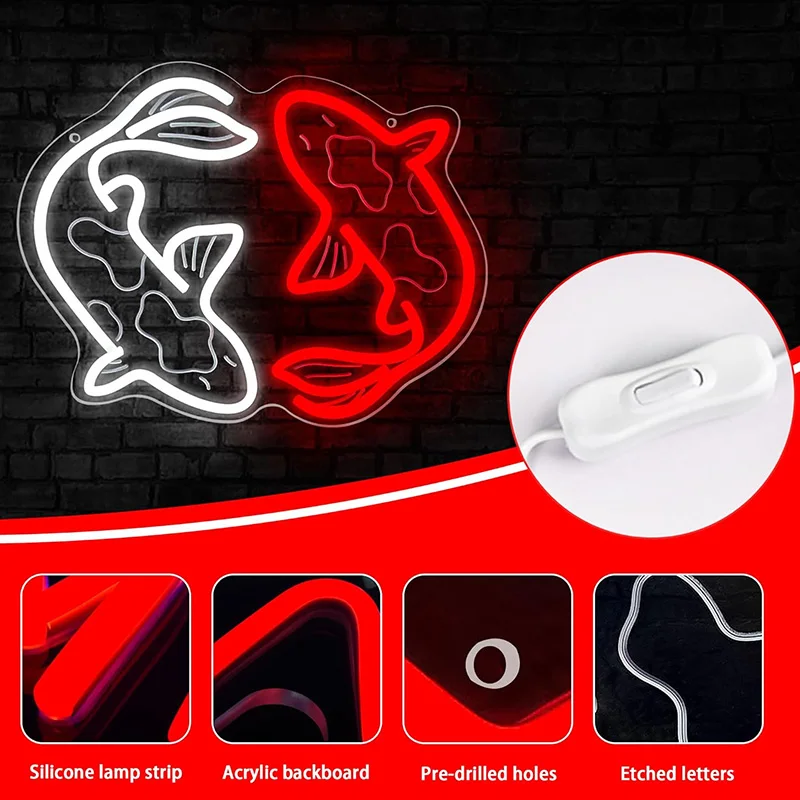 Koi Fish Neon Signs for Wall Decor Japanese Fishes Neon Light Signs Up Night Red White Lights for Bedroom Neon Signs