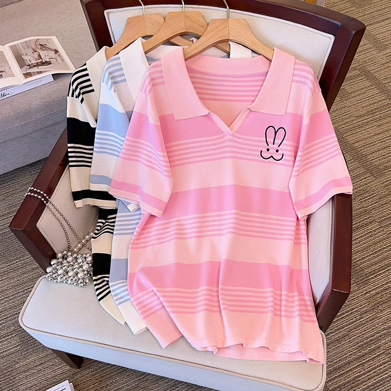 170Kg Plus Size Women's Bust 160 Summer Loose Ice Silk Knitted Striped Top Short Sleeve Lapel T-Shirt 4XL 5XL 6XL 7XL 8XL 9XL