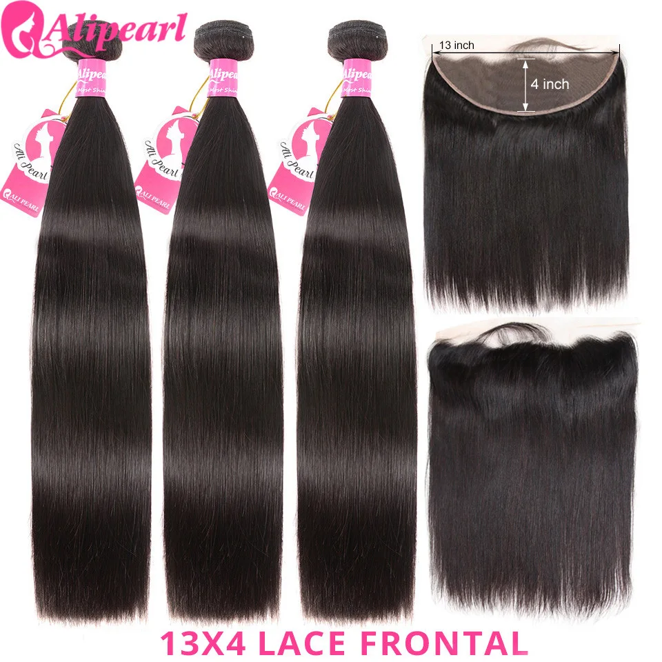 Ali Pearl Brazilian Straight Human Hair Bundles With 13x4 Lace Frontal Pre Plucked Remy Hair For Black Women AliPearl Hair
