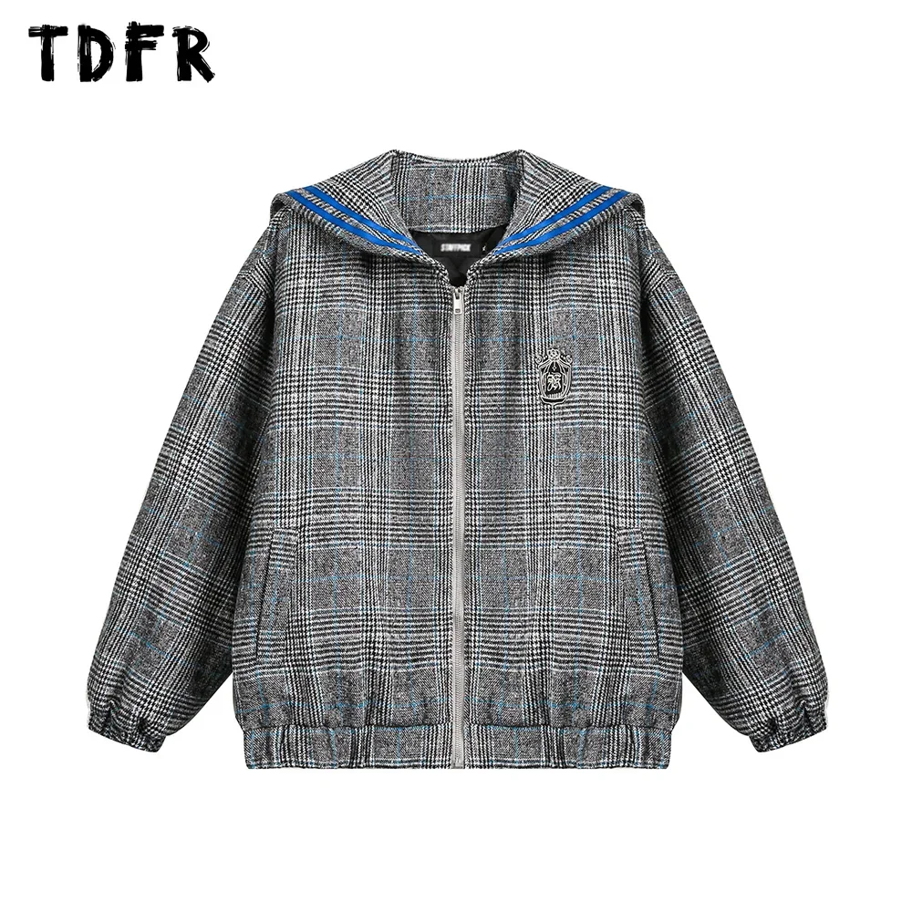 Houndstooth Padded Jacket Mens Letter Embroidery Retro Streetwear Winter Thick Sailor Collar Long Sleeve Quilted Jacket Men