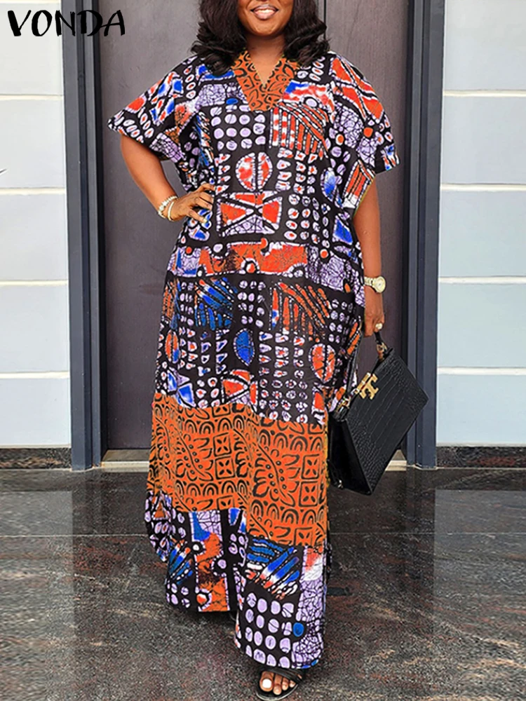 Plus Size Women Dress 2025 VONDA Oversized Short Sleeve Summer Sundress Print Party Vestidos Bohemian V-Neck Loose Robe 5XL