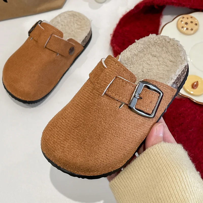 2025 Boys Girls Winter Warm Plush Cork Footbed Fur Clogs Slippers Lady Furry House Flats Cotton Slippers