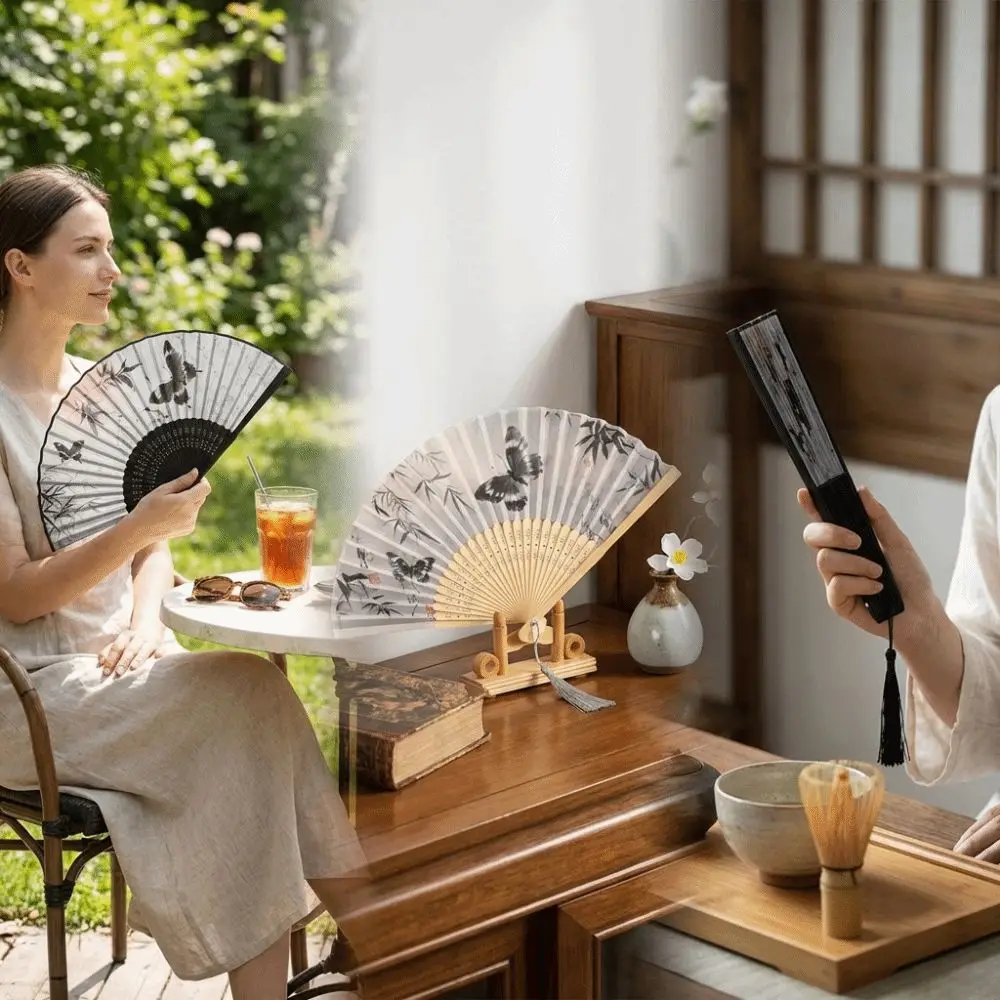 Elegant Chinese Style Bamboo Folding Fan Antique Ink Wash Painting Silk Hand Fan with Tassel Handheld Retro Fan Photo Prop