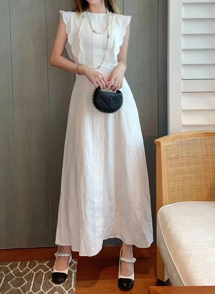 2024SS Summer New Women Luxury High Quality Embrodiery White Hollow Vest Dress for Female