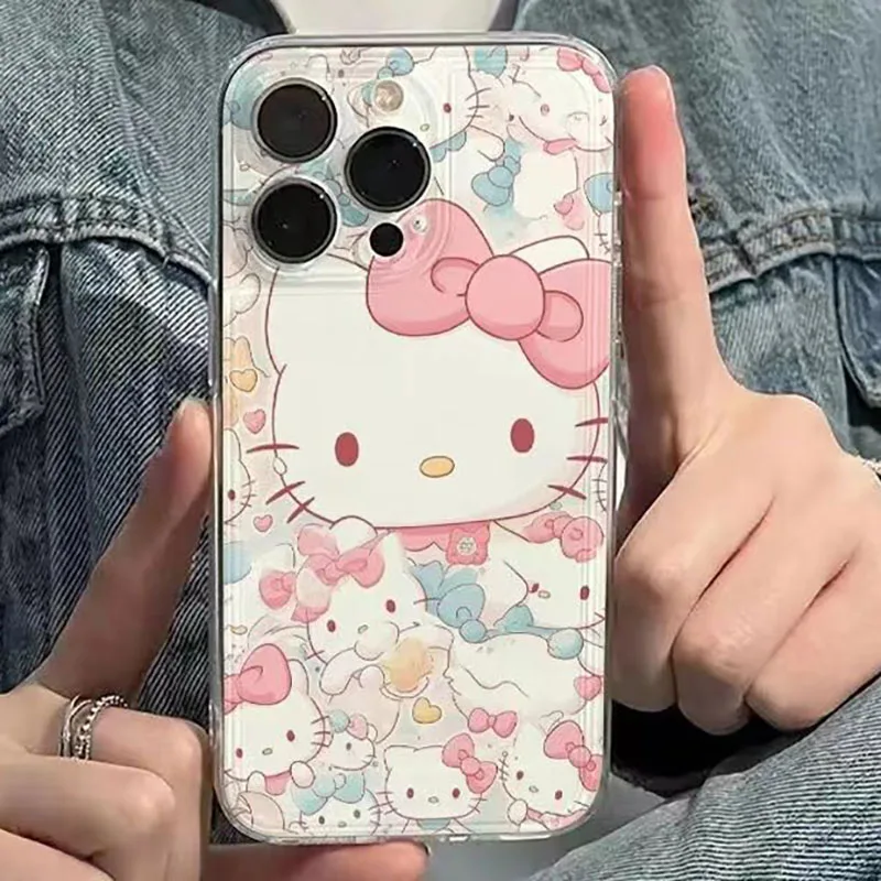 Sanrio Full Screen Hello Kitty Happy Phone Case For iPhone 16 15 14 13 11 12 Pro Max X XS XR 7 8 Plus Y2K Lovely Clear Cover