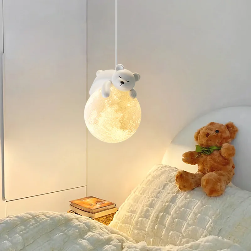 Bedside pendant light modern simple boy girl children room bedroom balcony hanging resin lamp round moon light