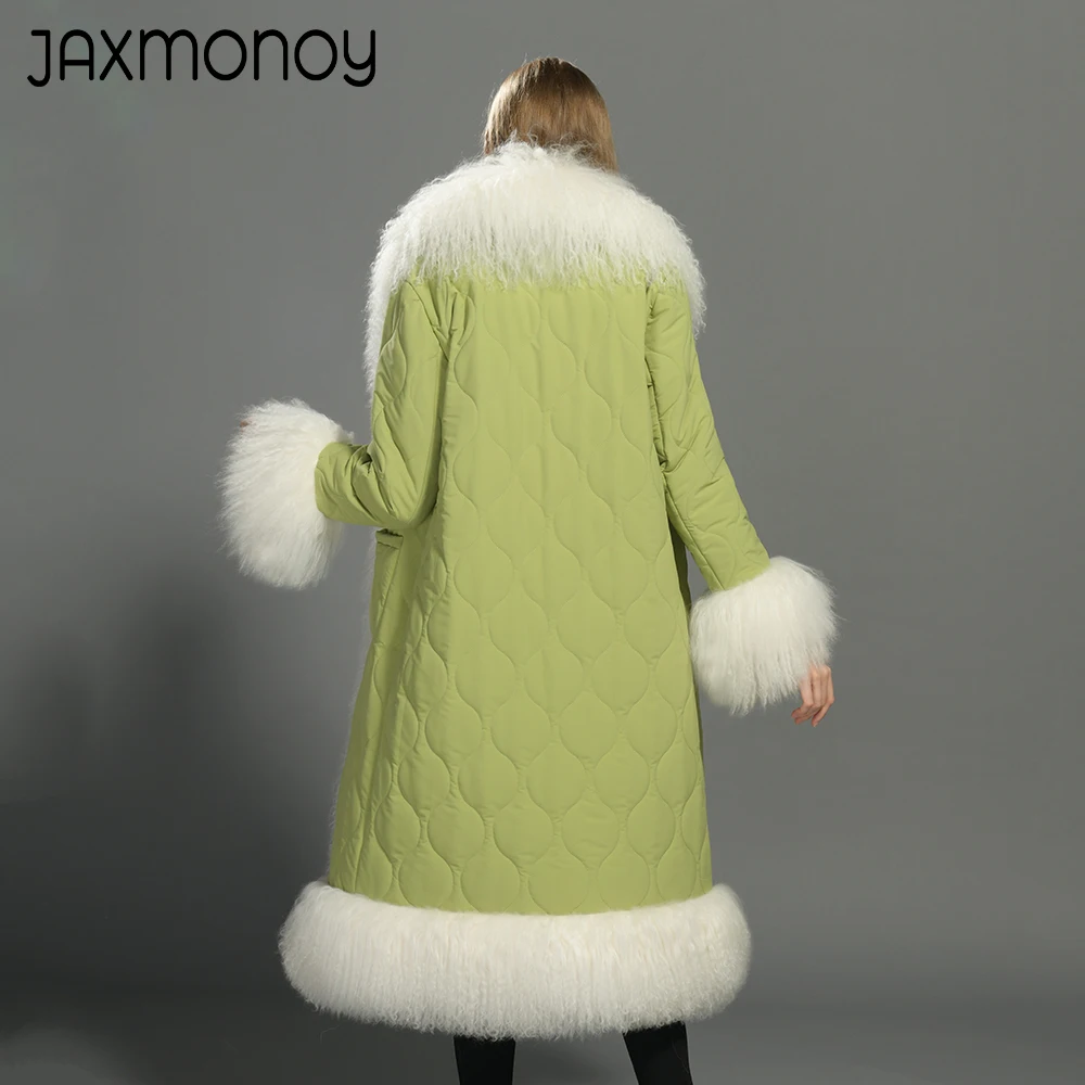 Jaxmonoy casaco longo feminino real mongol pele de ovelha guarnição casacos de inverno senhoras casaco quente moda outerwear feminino nova chegada