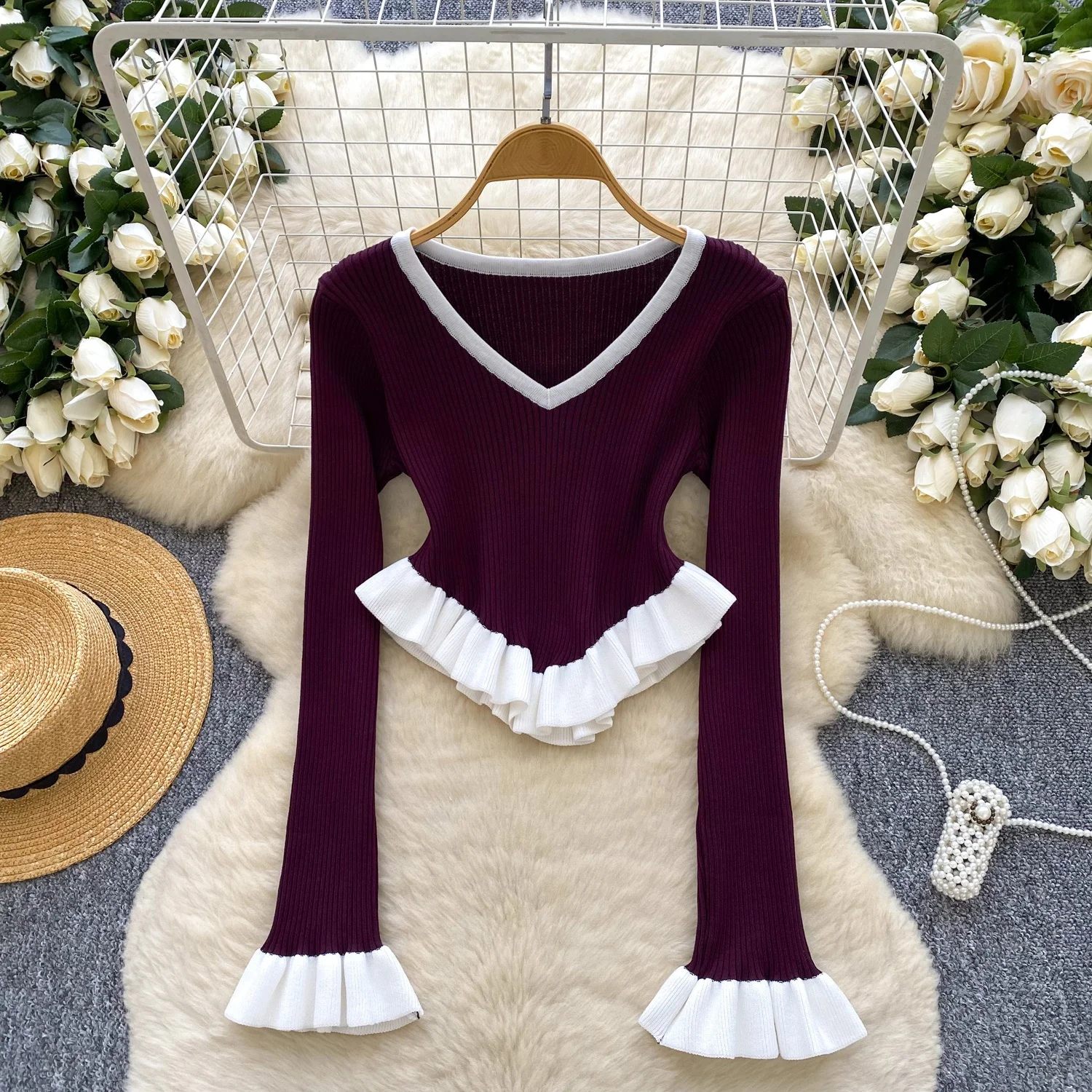 Clothland المرأة الحلو تكدرت المحاصيل الأعلى تقسم طويلة الأكمام غير المتكافئة بلوزة قميص الإناث شيك القمم Blusa LB374 #4