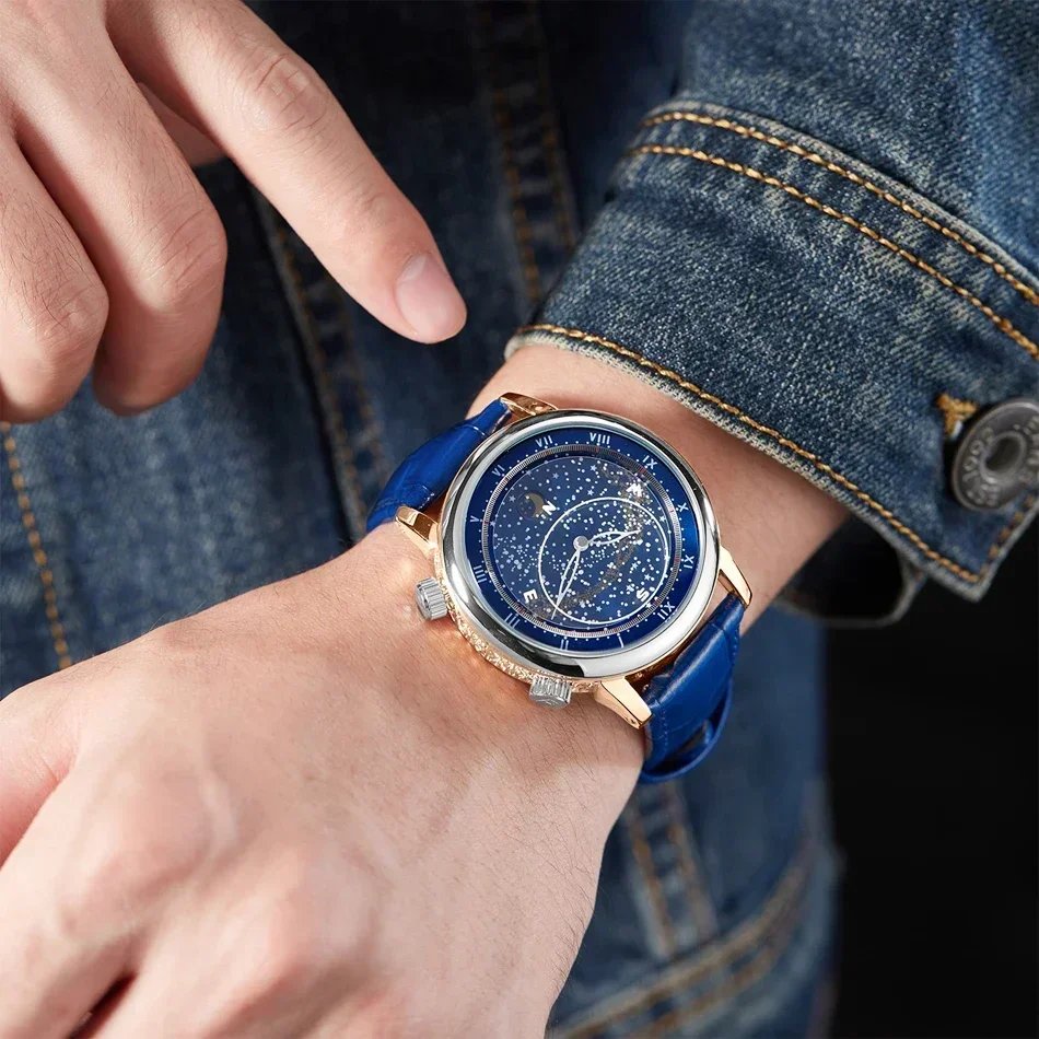 Automatic Mens Watch Mechanical Movement Rose Gold Black Blue Green Leather Luxury Carved Rotating Starry Sky Luminous Fashion