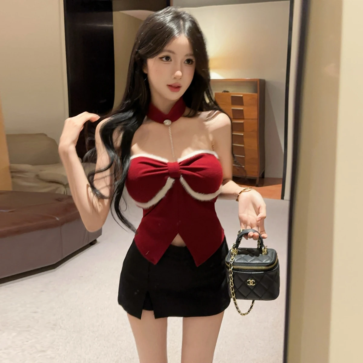 Korean Style Heavy Duty Small Fragrance Wind Splicing Furry  One Shoulder Hanging Neck Inner Wear Tube Top Slim Fit Top