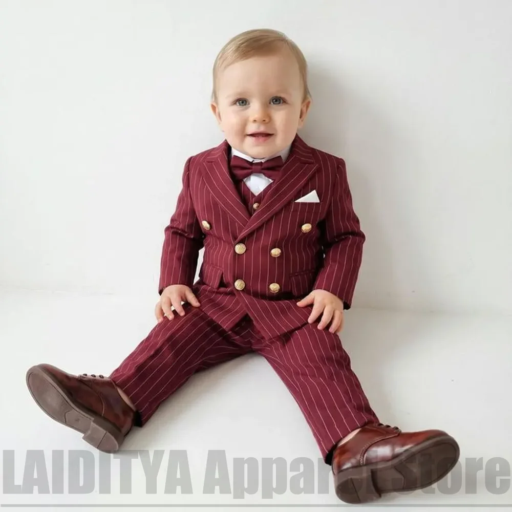 Chic Striped Boys Double Breasted Three Piece Suit Fashion Baby Page Boy Wedding Birthday Photoshoot Vintage Formal Outfit