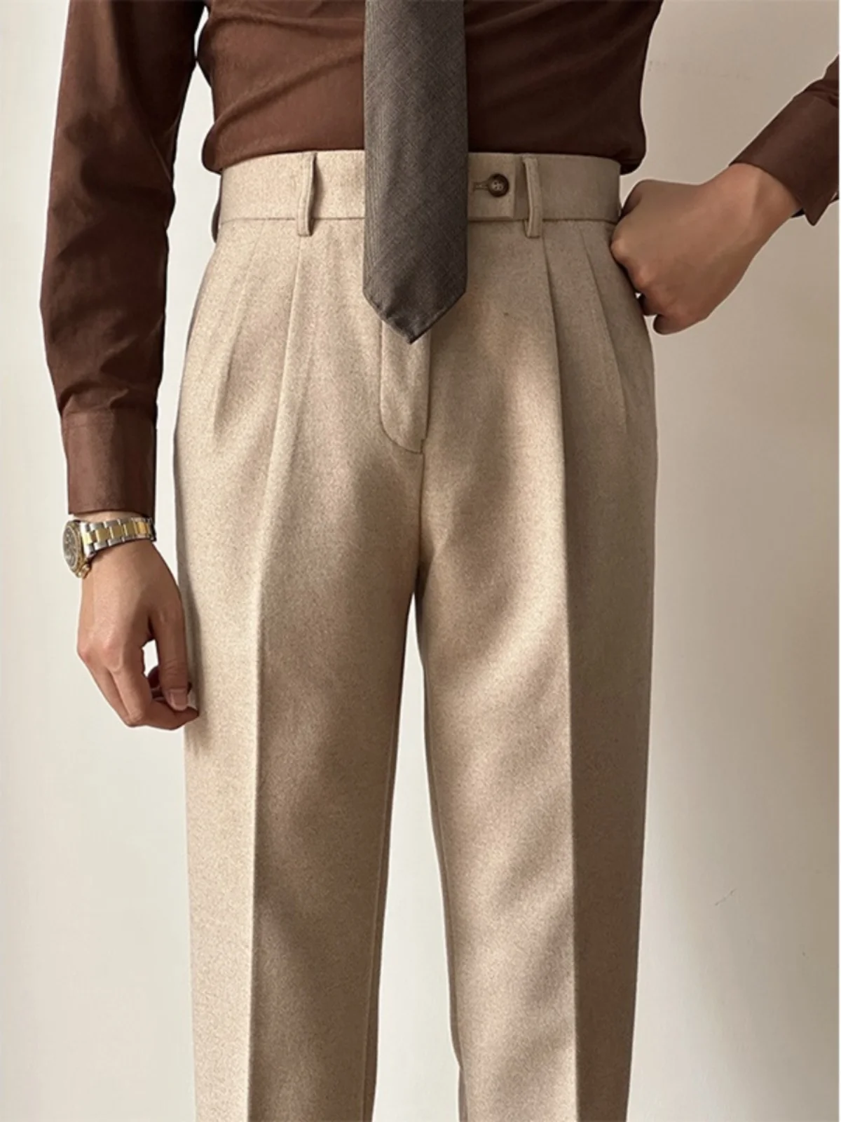 

High Waist Woolen Men's Casual Pants Autumn Winter Warm Drapey Straight Leg Naples Gentleman Color Versatile Suit Trousers