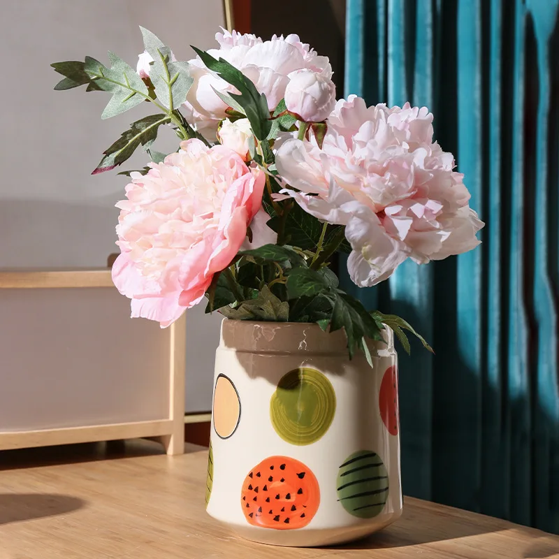 Hand Painted Ceramic Flower Pot Ins Style High Value Home Decor with Handle