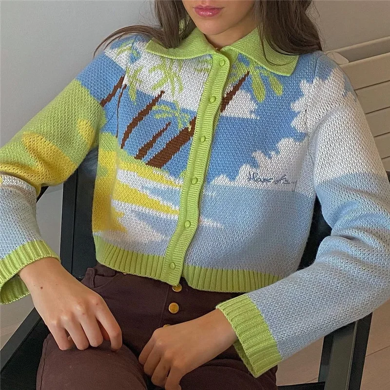 Cute Knitted Cardigan Women Autumn New Coconut Sky Cloud Parttern Short Sweater Seaside Holiday Style Slim Blue Green Cardigan