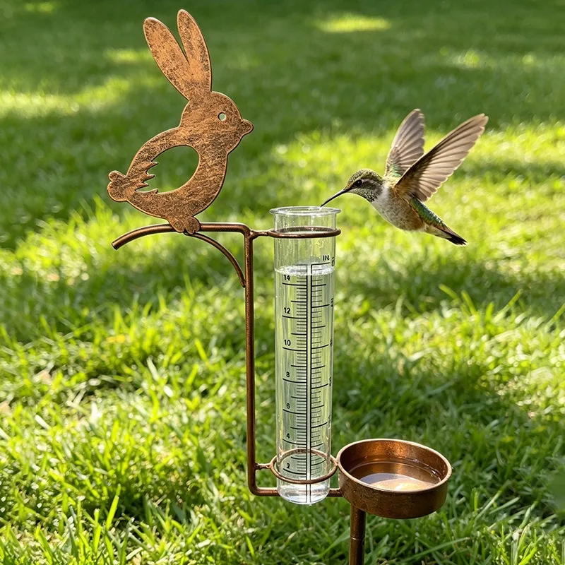Metal Rabbit Rain Gauge Garden Stake, 2 In 1 Bird Feeder Bath Tray, Rustproof Iron Ground Plug Ornament Outdoor Yard Lawn Landsc