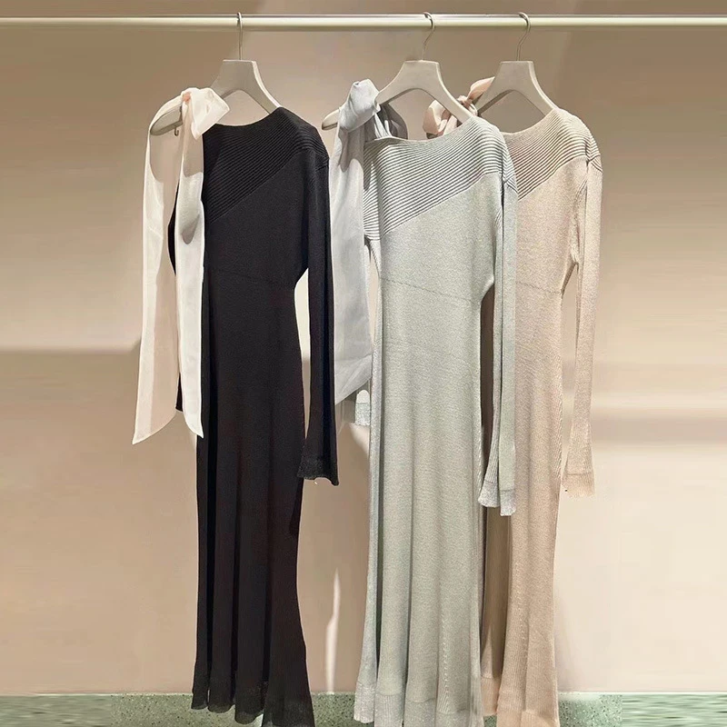 

Spring 2024 New Pure Color Versatile Knot Large Bow Ribbed Flared Sve Fi Tail Knitted Dr Ele Lady Sle