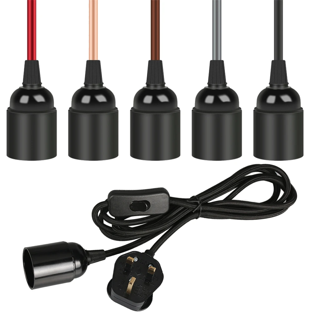 UK Plug 2/3/4m Power Cord Cables E27 Full Teeth Lamp Base Holder With Switch Wire For Pendant Fixture Hang Lamp