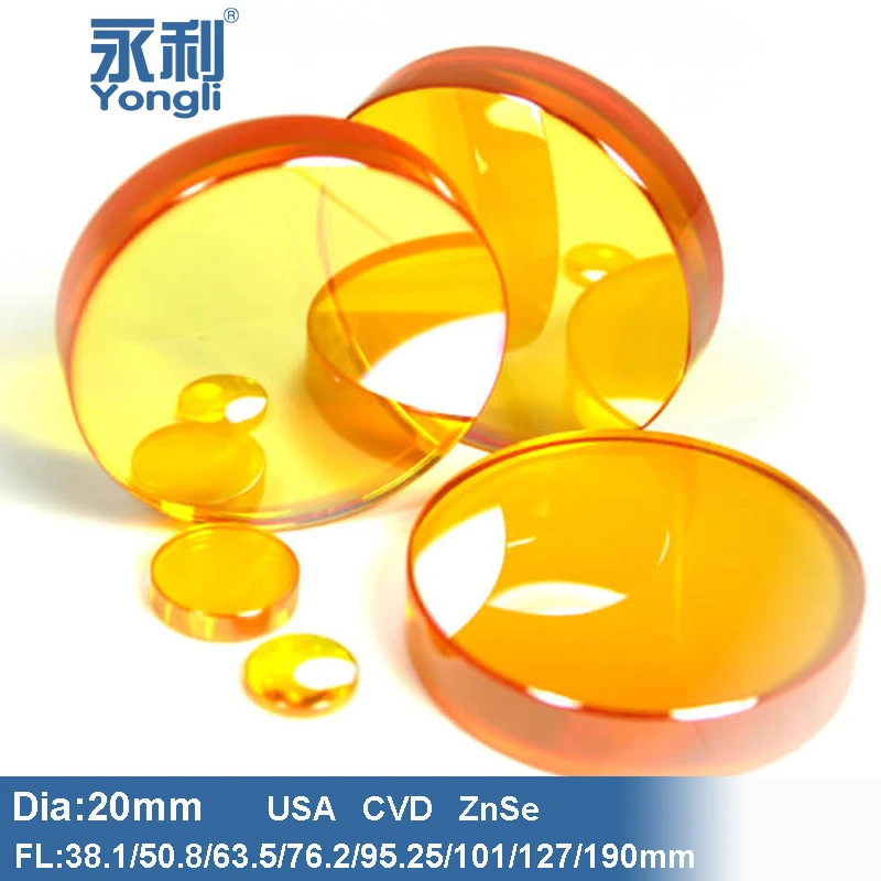 

Yongli Focus Lens USA CVD ZnSe Diameter 20mm FL Options 38.1mm 50.8 63.5 101 76.2-190mm for CO2 Laser Engraving Cutting Machine