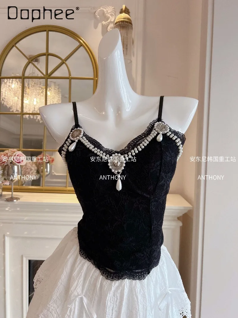 Spring 2026 New Heavy Industry Beaded Rhinestone Lace Sling Vest Women's Sexy Slim Temperament Versatile Tube Top Short Vest