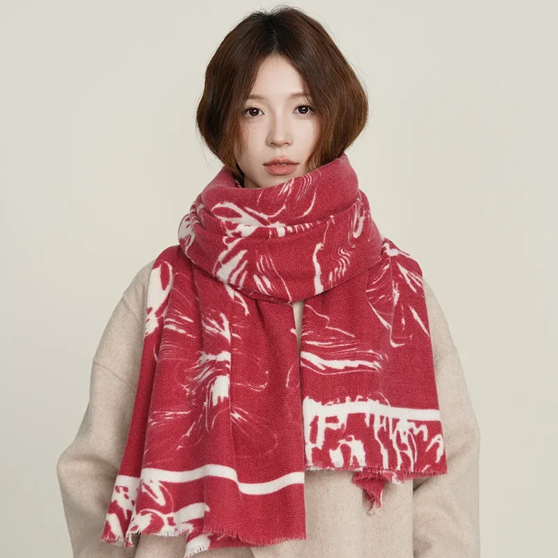 New autumn and winter flower print imitation cashmere scarf for female Japanese and Korean art students thickened warm shawl