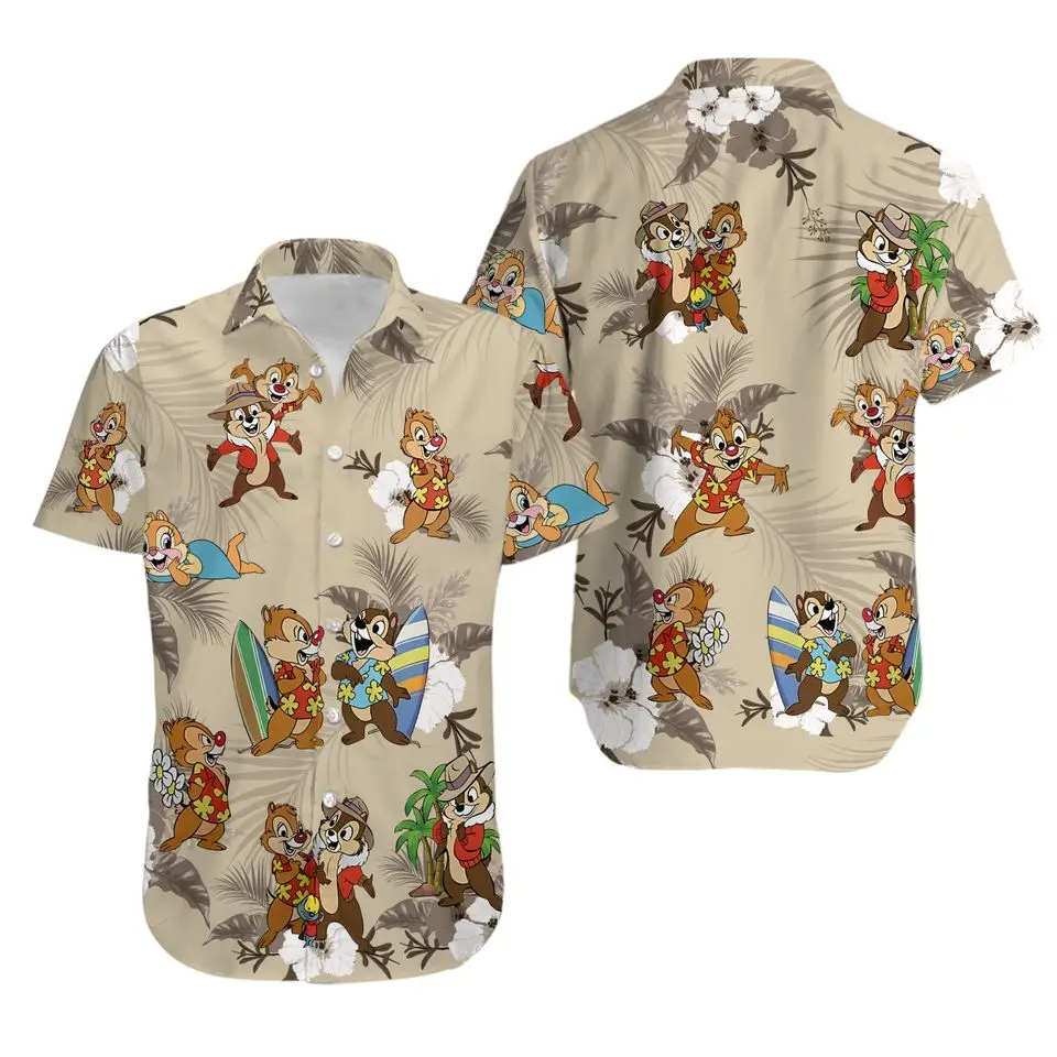 Camisa hawaiana de Chip \'n\'dale Nuts de Disney, camisa hawaiana de Chip y Dale, Top informal de manga corta con botones para playa