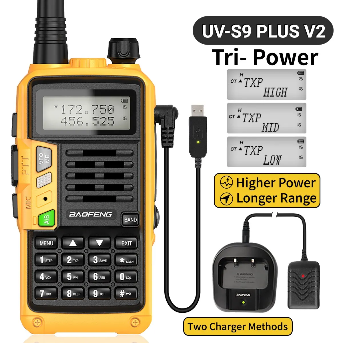 BAOFENG UV-S9 Plus V2 10W Portable Walkie Talkie USB Charger 16 KM Long Range Dual Band Transceiver Two Way Radio Ham Radio