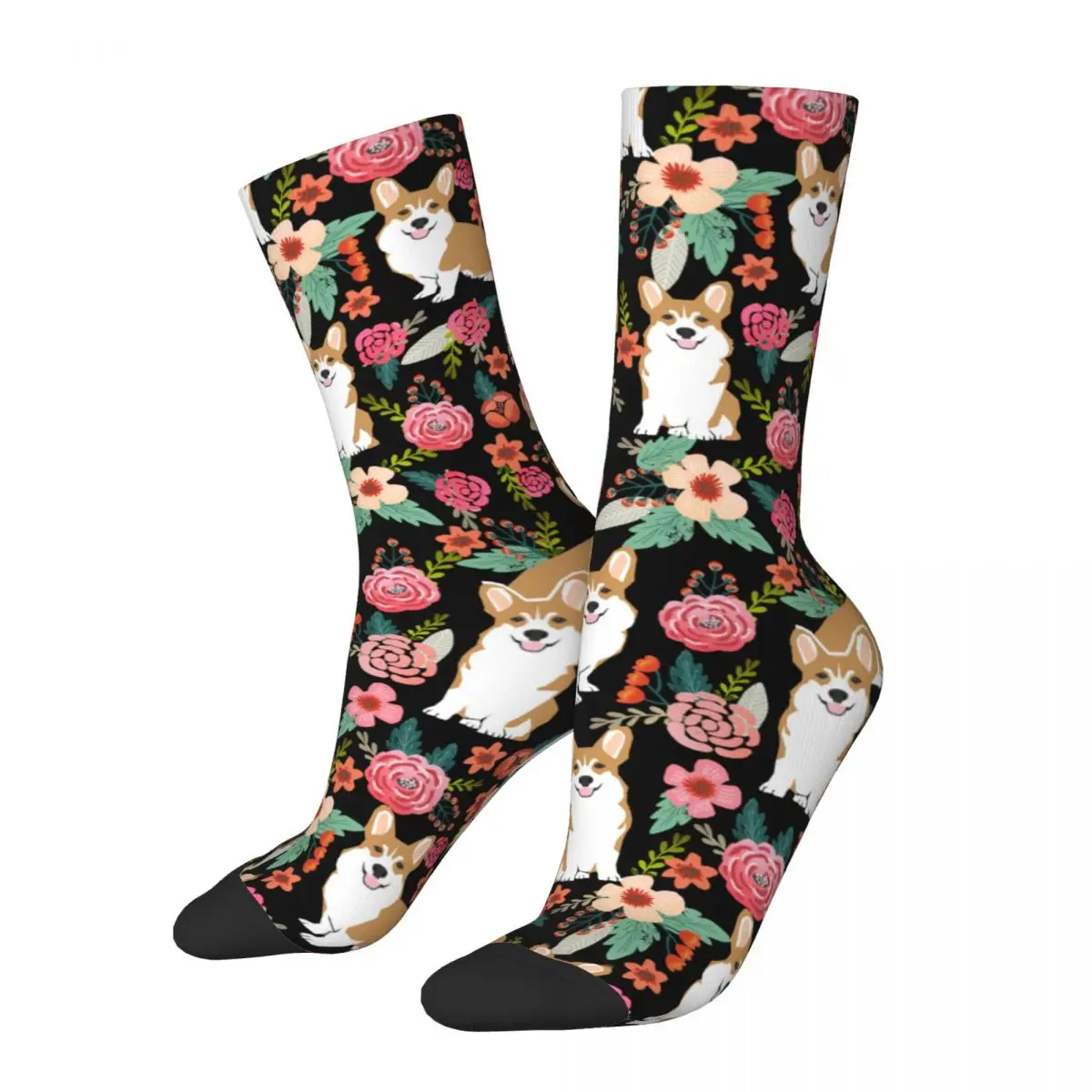 

Funny Corgi Floral Dog Vintage Skateboard Socks Animal Polyester Crew Socks for Women Men Breathable