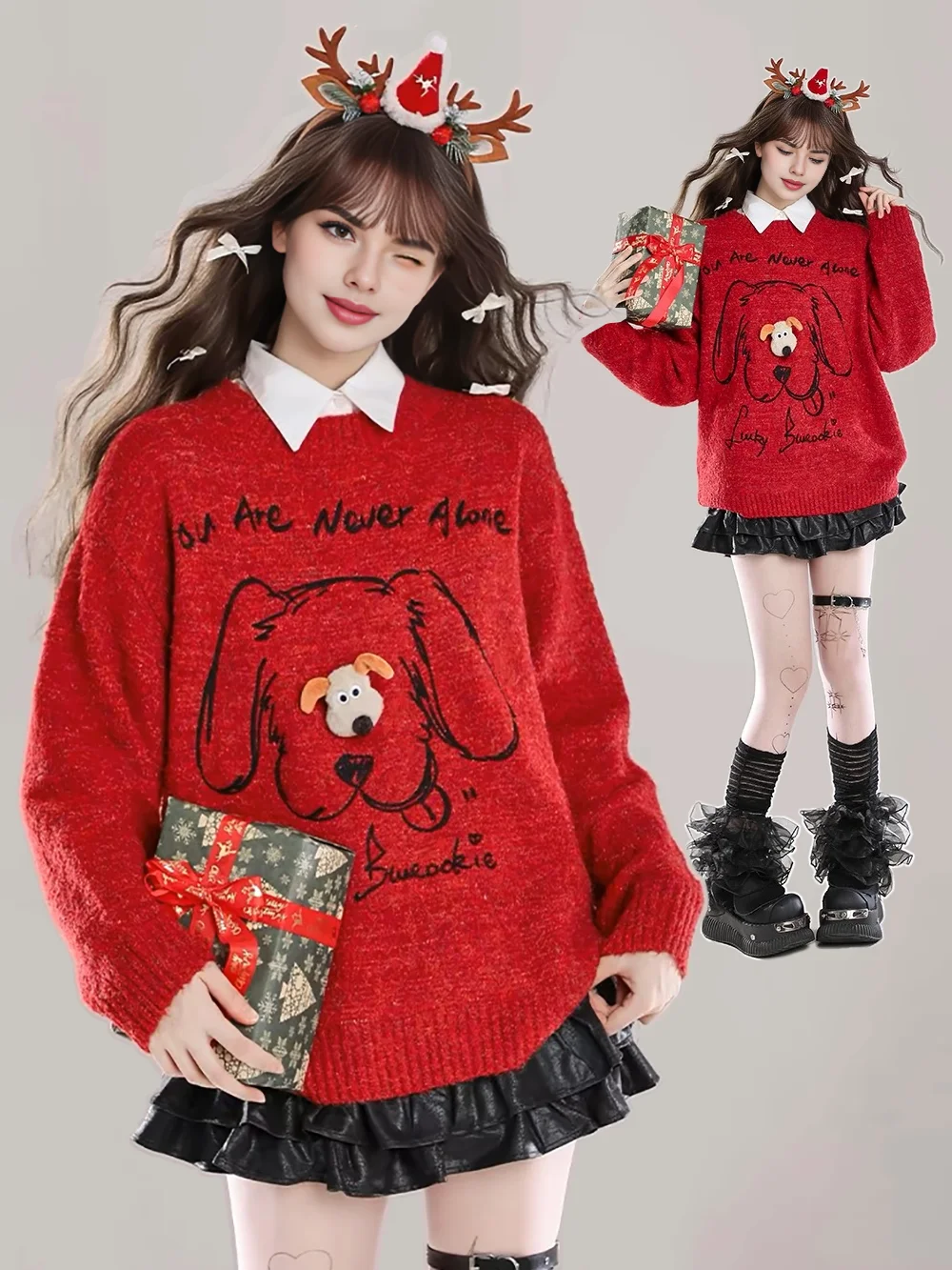 2024 Women Winter for Chritmas Cute Animal Print Red Sweaters Kawaii Cutecore girl Knitted Burgundy Pullovers Top Baggy Clothes