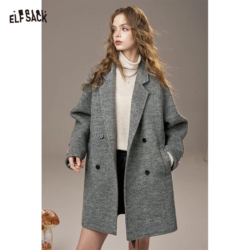 

ELFSACK 2025, зимнее новое поступление, повседневный элегантный блейзер, стильное шерстяное пальто большого размера для женщин