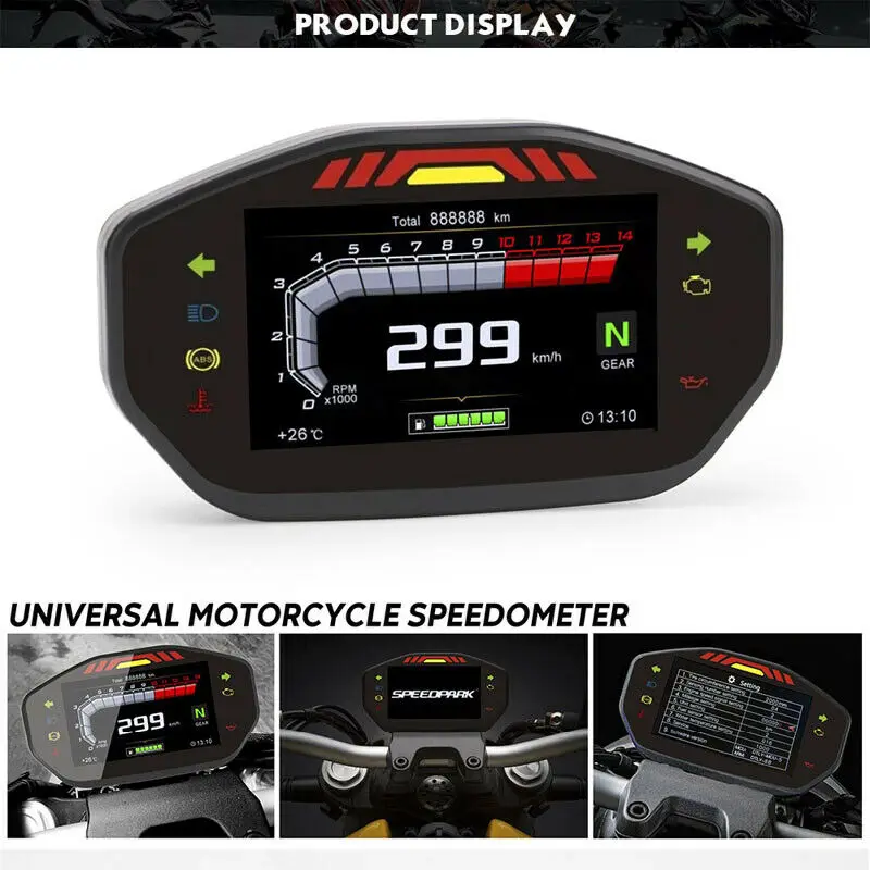 

Popular LCD Digital Motorcycle Speedometer 0-299km/h Rev Counter Odometer 0-14000RPM 6 Gear 24H Clock For 2 4 Cylinders
