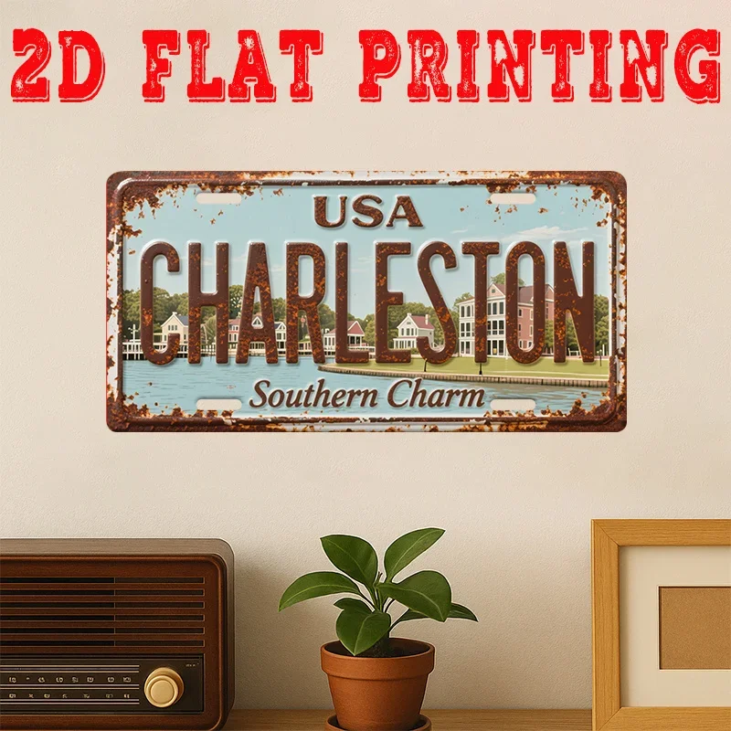 2D Flat - [2D Flat] 2D Printed Sign, One Piece, Vintage Metal Tin Sign (29.97 * 14.99 cm), Charleston Southern Charm Sign, Re