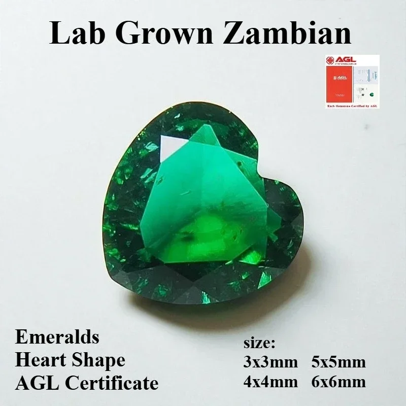 

Lab Grown Zambian Emeralds Heart Shape Hydrothermal Hand Cut with Cracks Inclusions Inside Selectable AGL Certificate