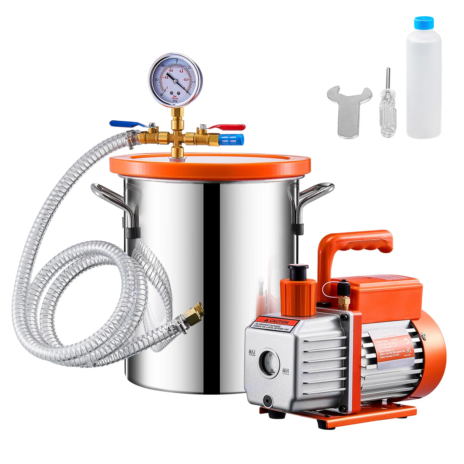 3 Gallon Vacuum Chamber and 3.5 CFM Pump Kit, 4.92 ft Hose, Stainless Steel Chamber, Single Stage Vacuum Pump Degassing Chamber Kit, Oil, Featuring Acrylic Lid