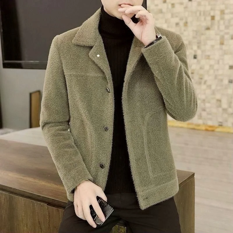 

Men's Faionable ort Thiened Woolen Jaet Autumn Winter Turn-down Collar Mink Coat Korean Sle Youth Long Sve