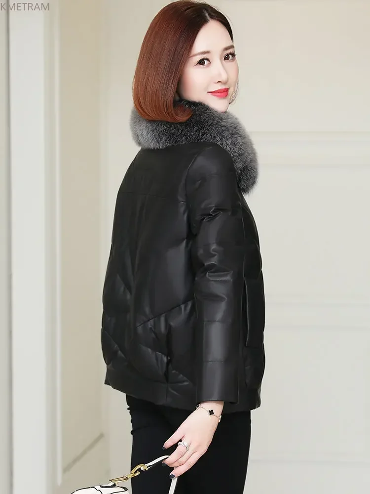 ของแท้หนังแจ็คเก็ตผู้หญิง 2024 ฤดูใบไม้ร่วงและฤดูหนาวหนังแกะจริงเกาหลีแฟชั่นลงแจ็คเก็ตFox Fur Collarลงเสื้อ
