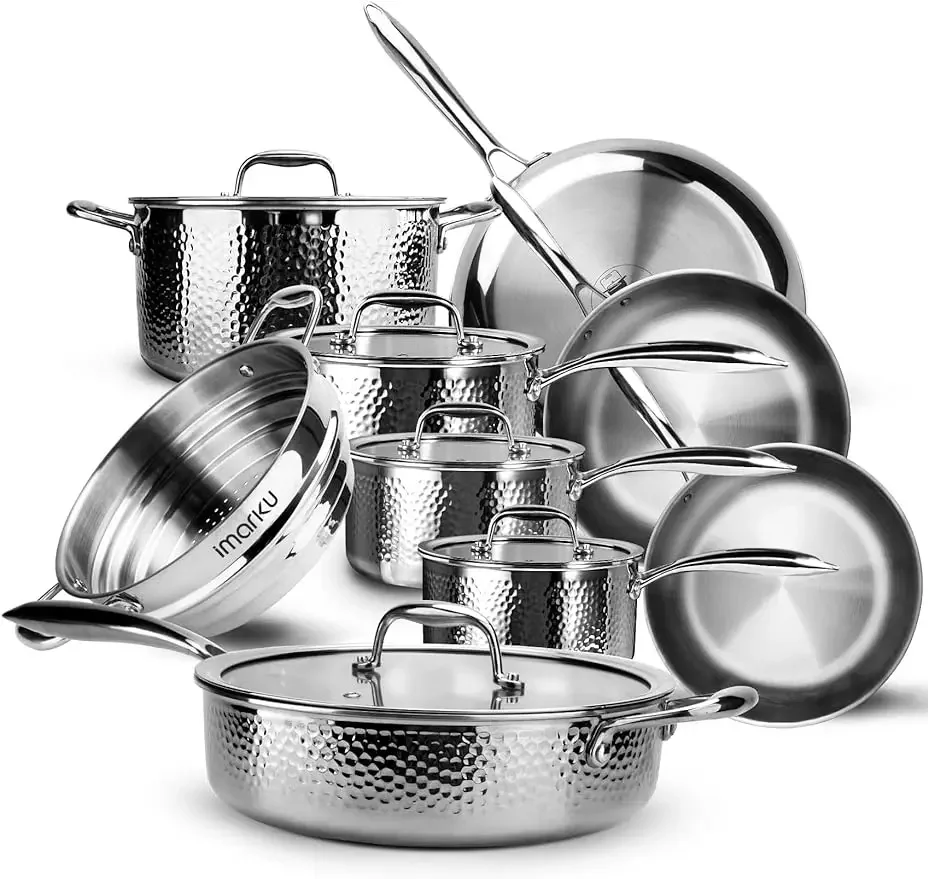 

Pots and Pans Set, imarku 14PCS Kitchen Cookware Sets Tri-Ply Clad Stainless Steel with Hangered Handle and Lids, Suits Ceramic