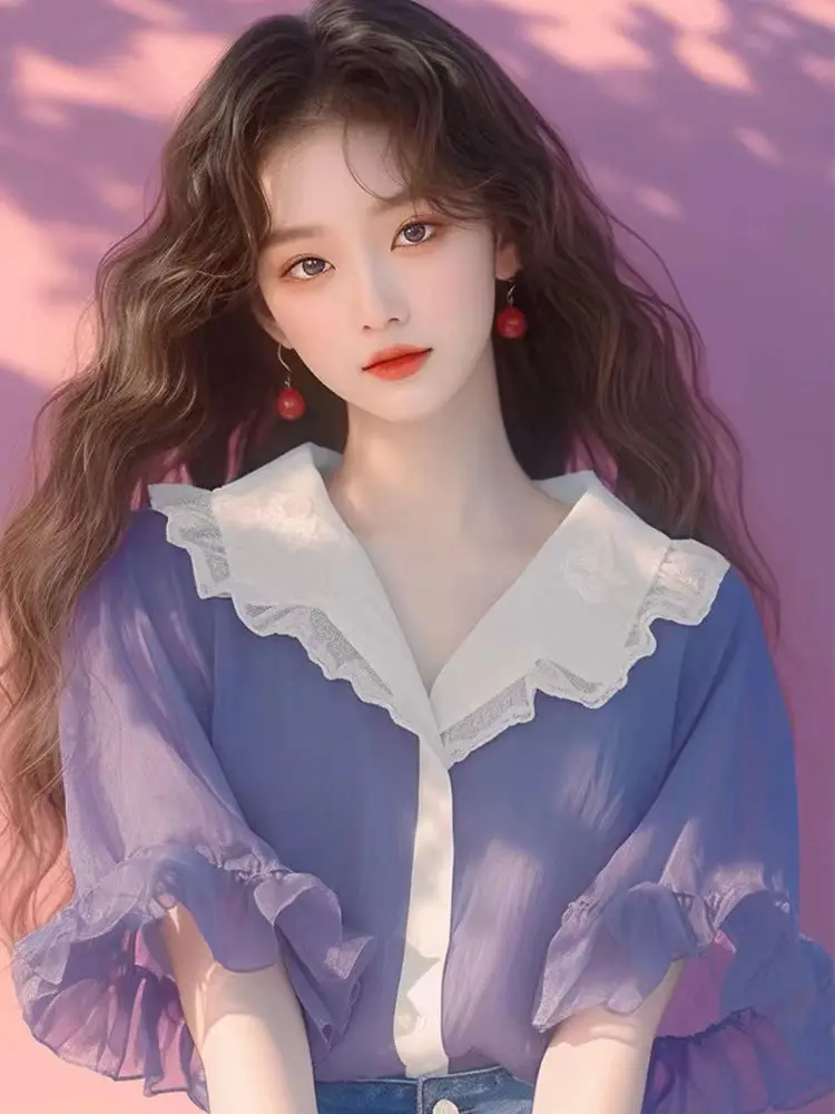 

Фиолетовая блузка с короткими рукавами для женщин, новый летний стиль, красивый свободный высококачественный шифоновый топ во французском стиле