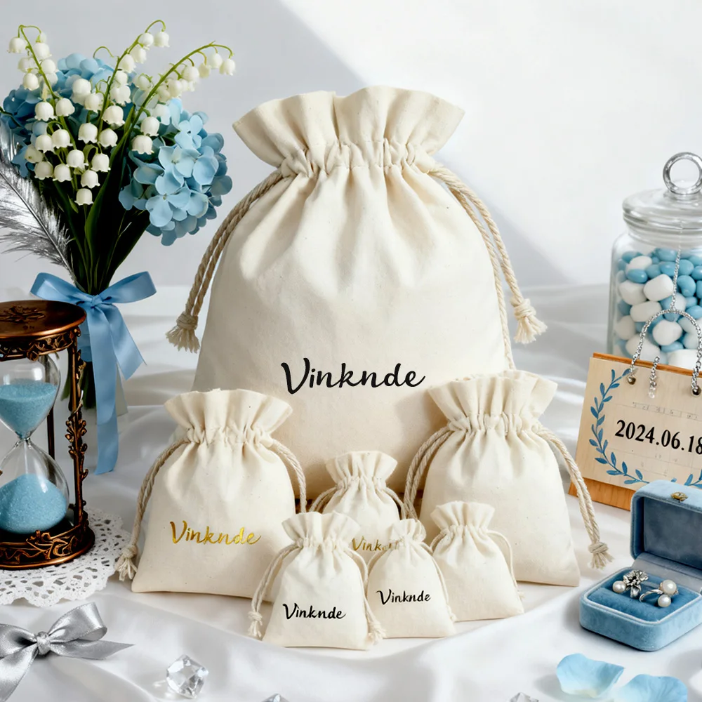 

50Pack Cotton Linen Fabric Drawstring Beige Jewelry Pouch Travel Accessories Storage Bags Custom Logo Wedding Gift Candy Sack