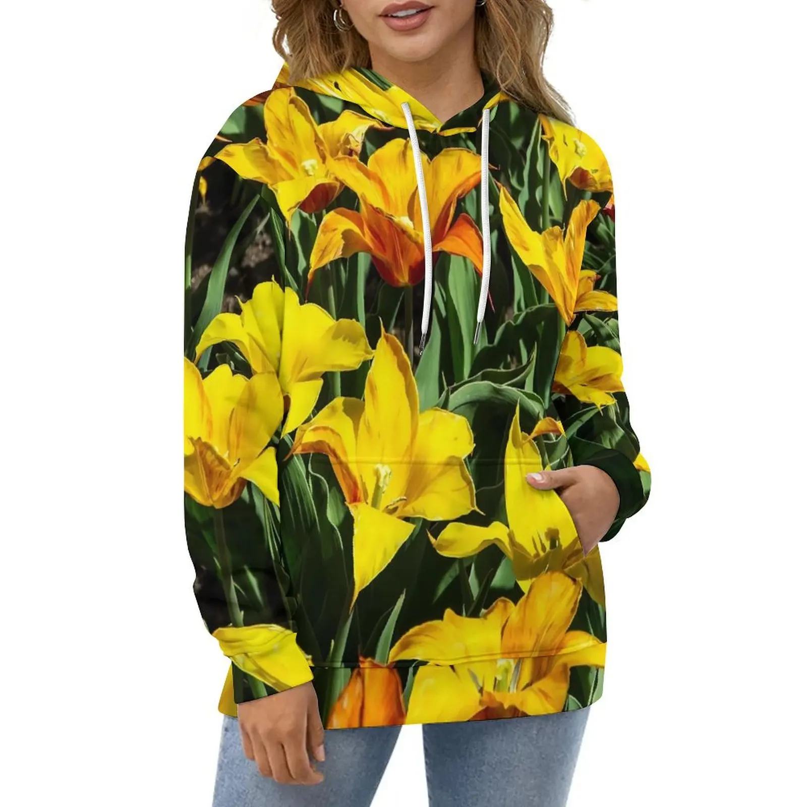 

Lily Floral Tulips Casual Hoodies Flower Print Trendy Design Loose Hoodie Autumn Long Sleeve Street Wear Oversized Sweatshirts