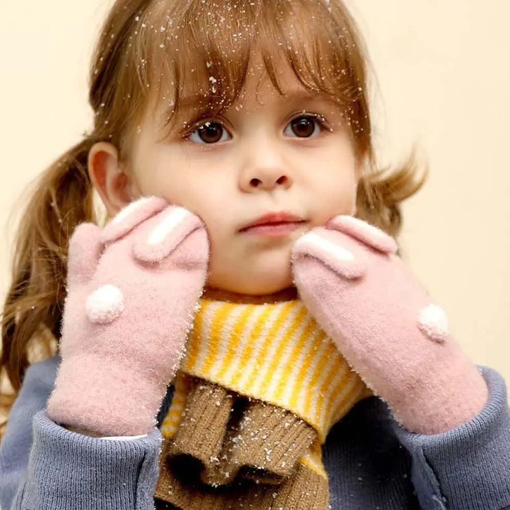 

Cartoon Outdoor Plush Rabbits Windproof Thick Hanging Neck Gloves Kids Gloves Children Gloves Full Finger Mittens