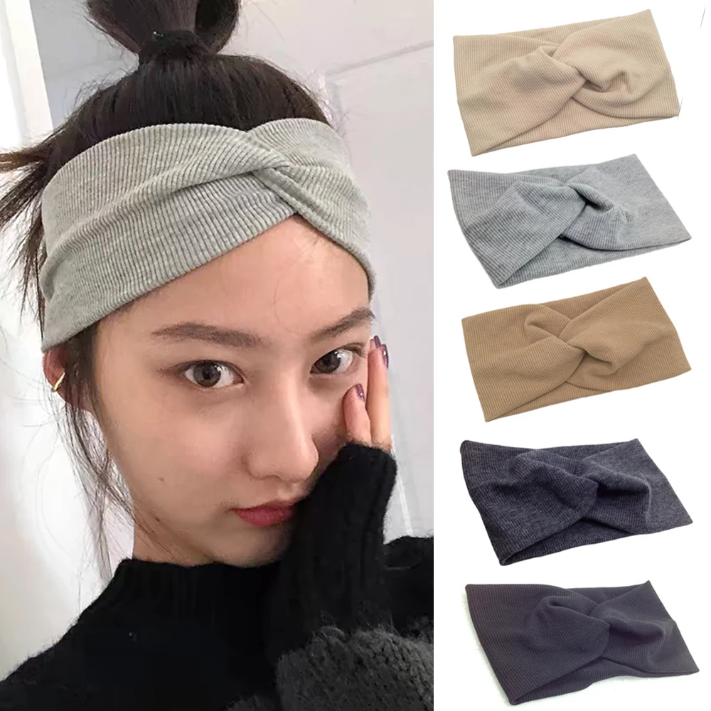 

5pcs Women Headband Solid Color Wide Turban Twist Knitted Cotton Hairband Hair Accessories Twisted Knotted Headwrap