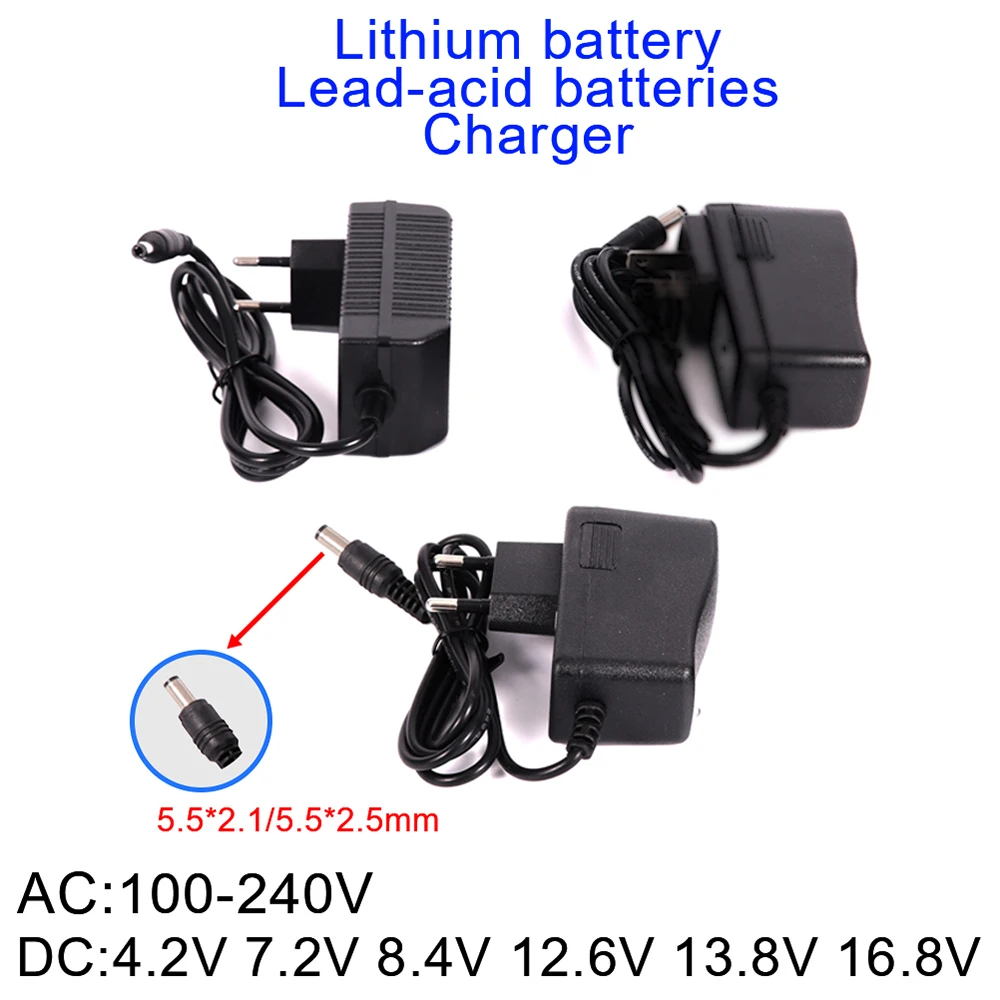 DC 4.2V 7.2V 8.4V 12.6V 13.8V 16.8V 1A 2A 18650 Lithium Battery Charger 12.6V 2A Power Supply Adapter AC 100V-240V 5.5mm X 2.1mm