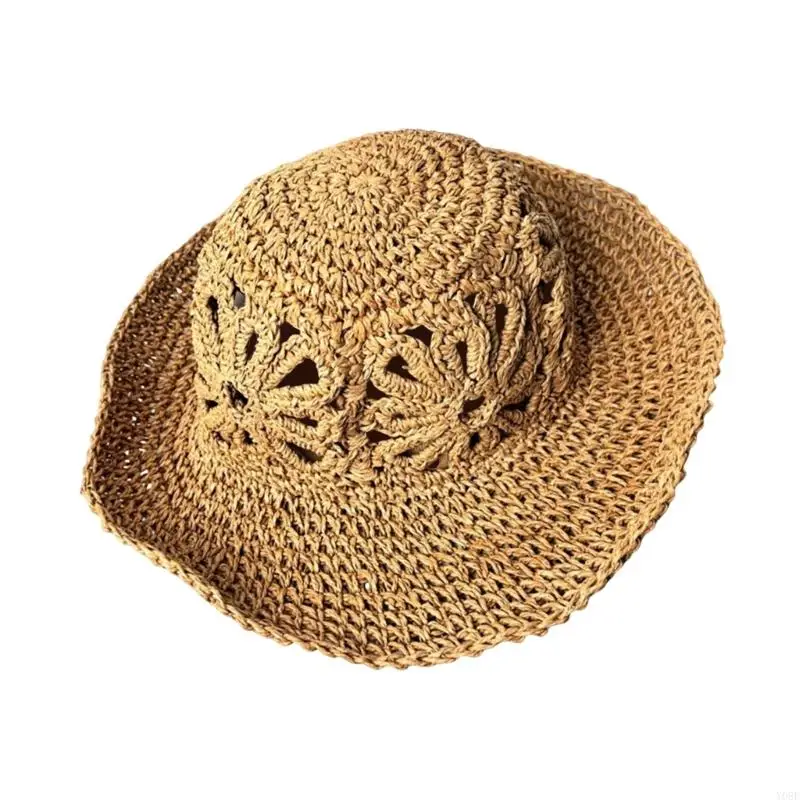 Stroh-Sonnenhut, breiter Rand, durchbrochener Sommerhut für den Urlaub, 56–58 strukturierter Strand-Accessoire-Look, bereit – Detail 4
