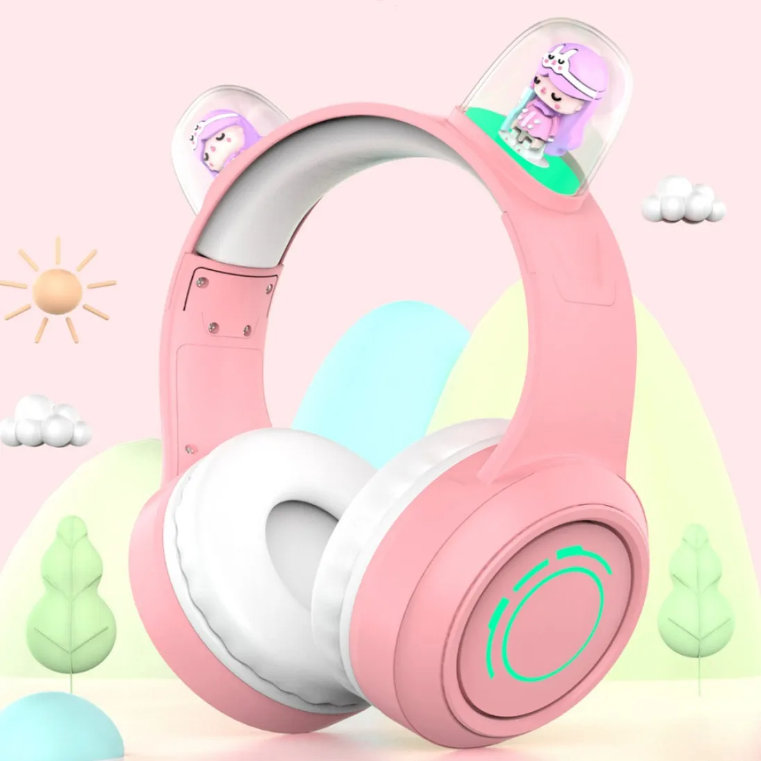 Wireless Bluetooth 5.1 Cute Cartoon Doll Headphones HD Mic HiFi Sound Quality RGB Light Music Game Headset